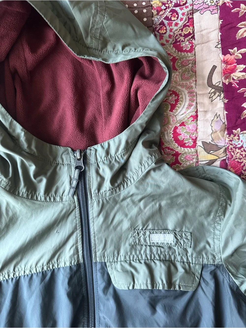 Columbia Kids Two-Tone Olive Green and Gray Hooded Lined Rain Jacket